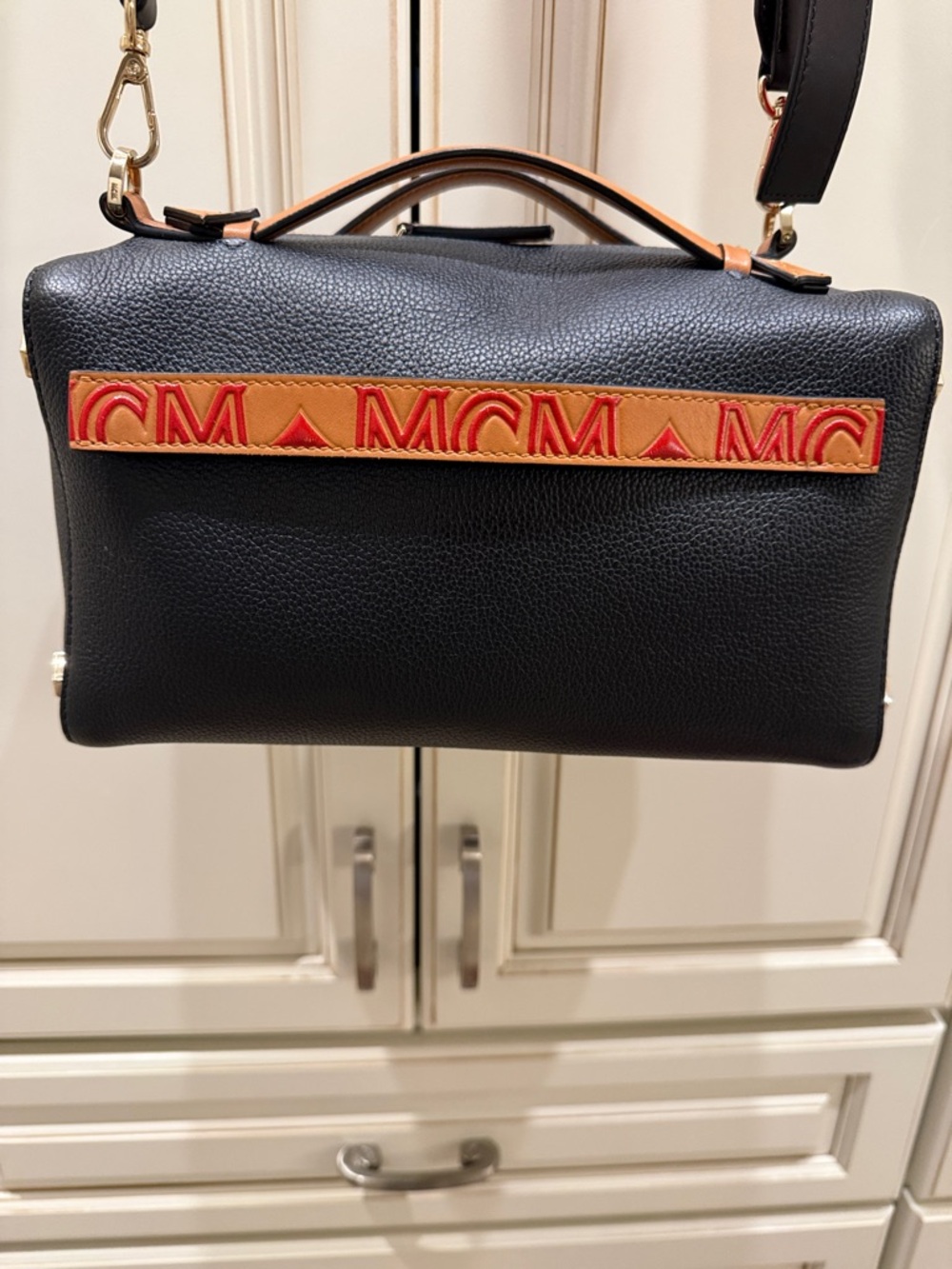 MCM Black Pebbled Leather Milano Satchel with Red Accent Strap